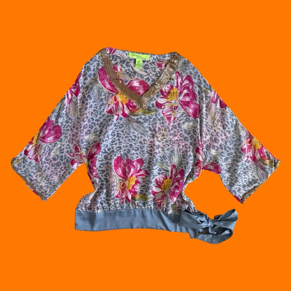 00's vintage leopard floral sheer 100% silk chiffon beaded y2k blouse LARGE